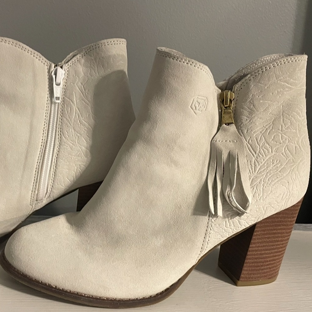 Cream Suede Ankle Booties with Chunky Heel